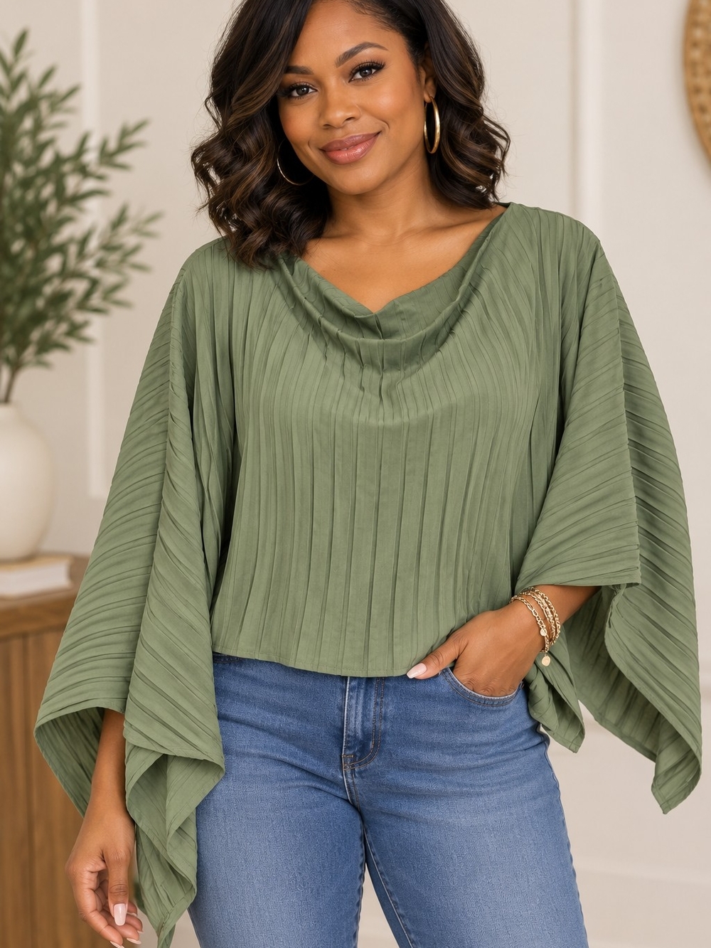 Chicme Olive Pleated Draped On/Off Shoulder Shawl - NWOT